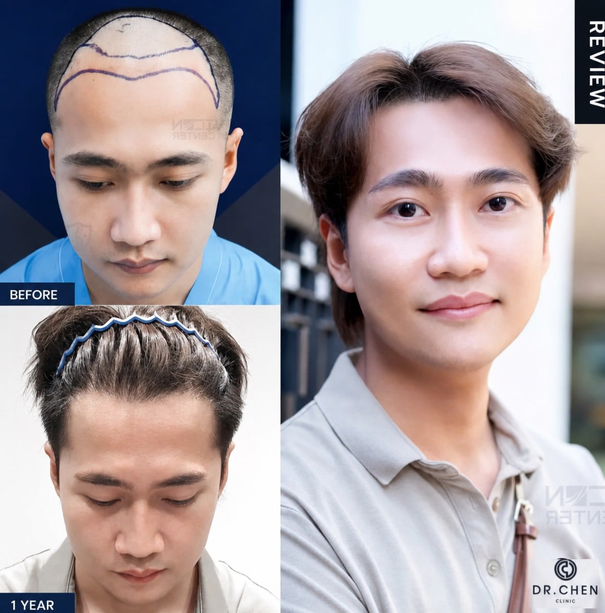 نتائج زراعة الشعر قبل وبعد في عيادة د. تشين – استعادة خط الشعر الطبيعي