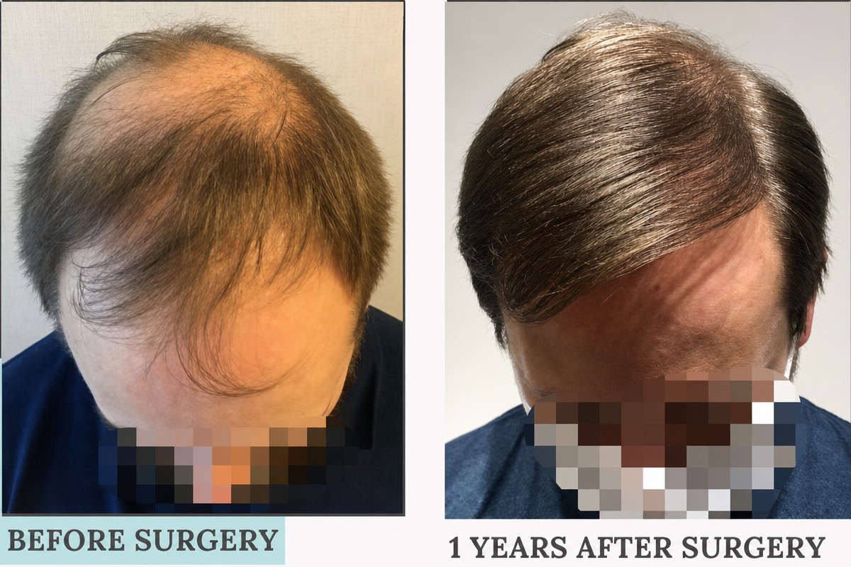 نتائج زراعة الشعر FUE قبل وبعد في RENOVIUM CLINIC BY CEM CERKEZ MD، خط شعر أكثر كثافة