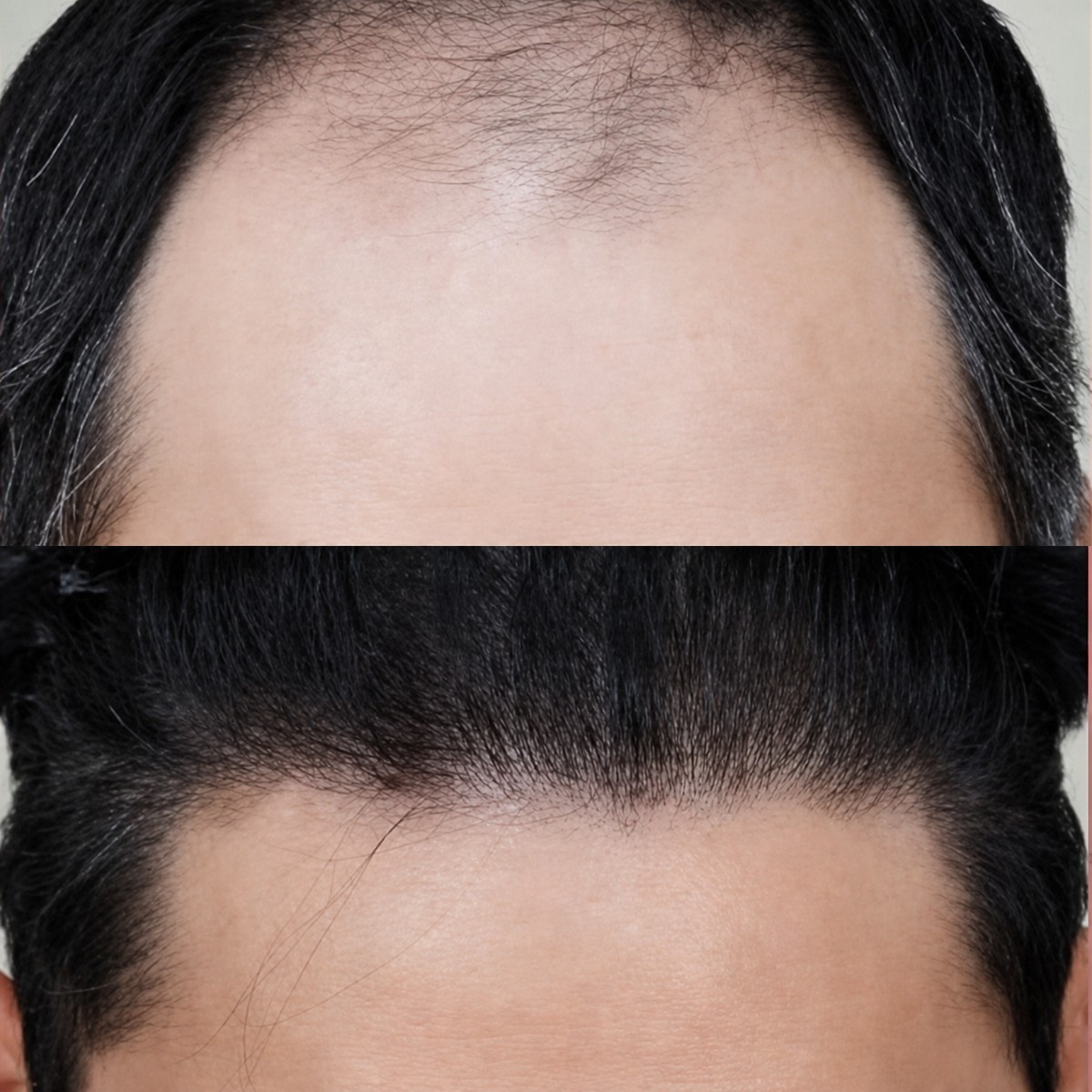 Resultados de trasplante capilar antes y después en Wonjin, línea de cabello restaurada