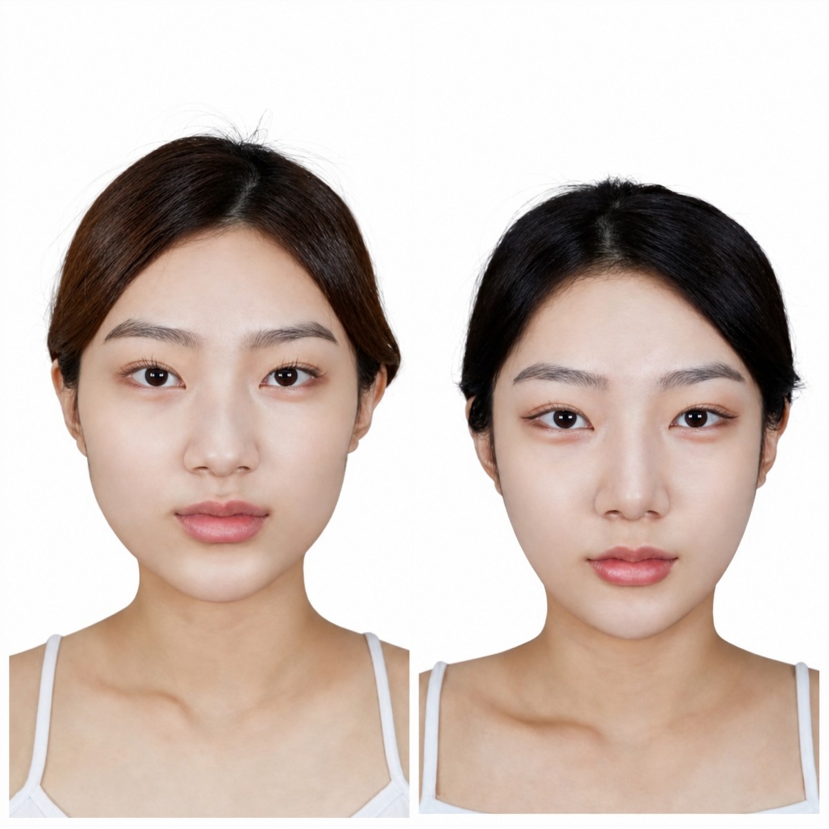 Resultados de contorno facial antes y después en Wonjin Plastic Surgery Clinic, simetría mejorada
