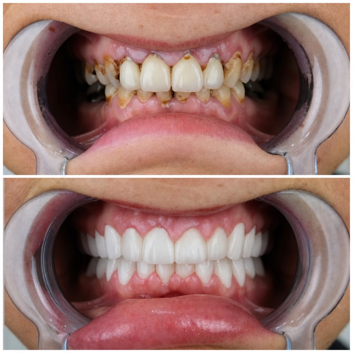 نتائج قبل وبعد عدسات الأسنان الخزفية في YEG Clinic – ابتسامة بيضاء وجميلة