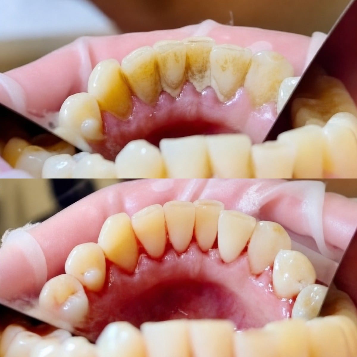 نتائج تنظيف الأسنان (إزالة الجير) قبل وبعد في Smile Dentica Clinic، إزالة الترسبات
