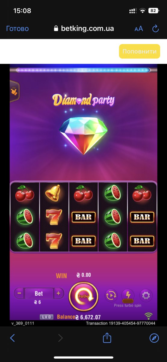 Экран слота Diamond Party с фруктовыми символами и балансом на betking.com.ua