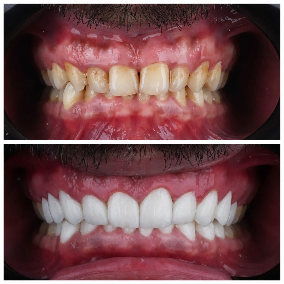 Antes y después de carillas dentales en Omara Dental Centers – transformación de sonrisa natural
