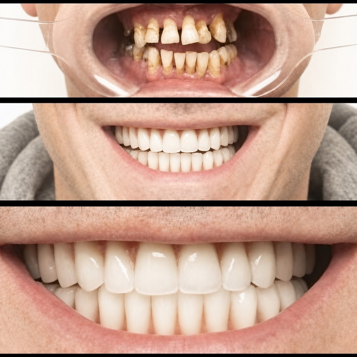 Resultados antes y después de implantes All-on-4 en HALDENT Dental Clinic, restauración de sonrisa