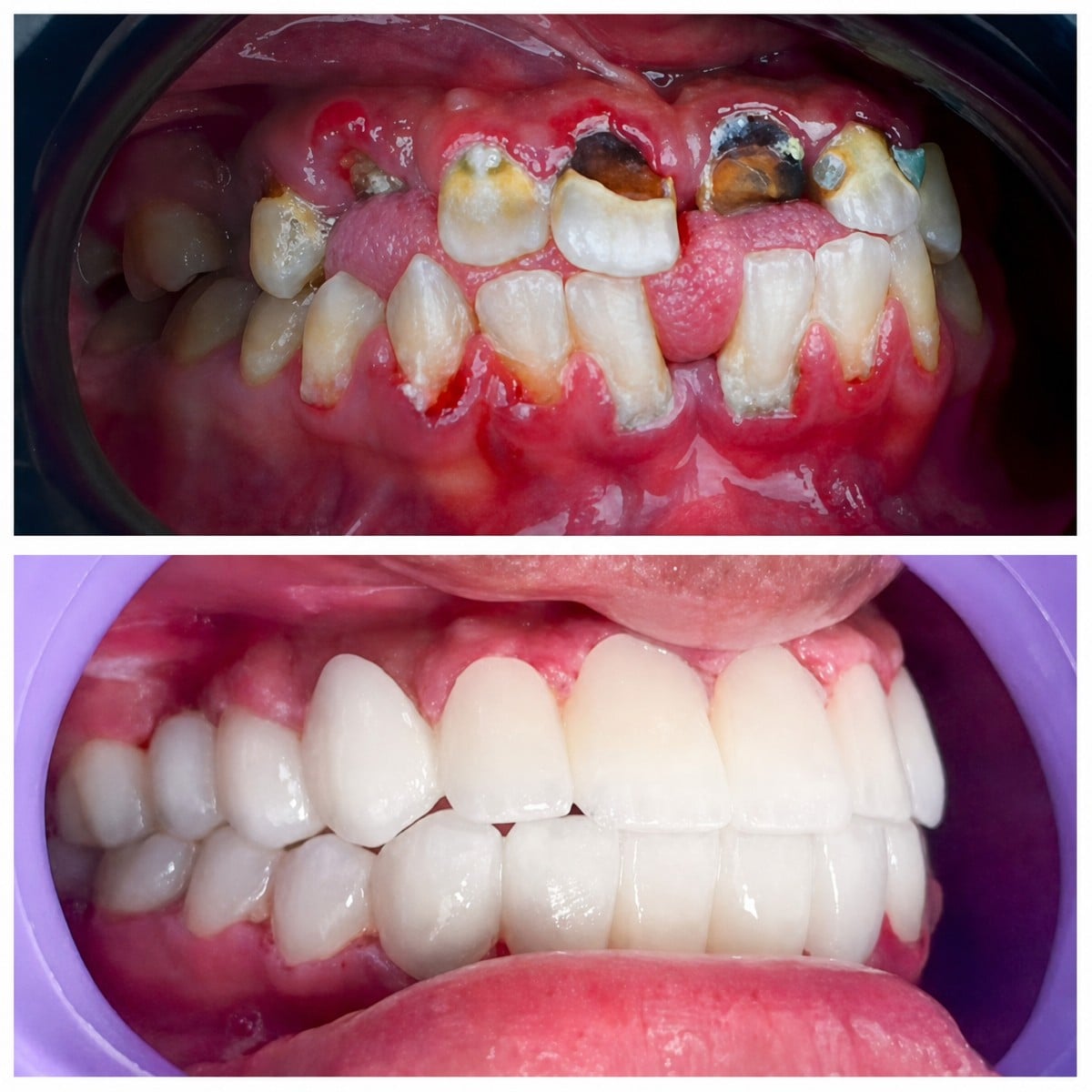 نتيجة قبل وبعد زراعة الأسنان All-on-4 في Omara Dental Centers، استعادة كاملة للابتسامة