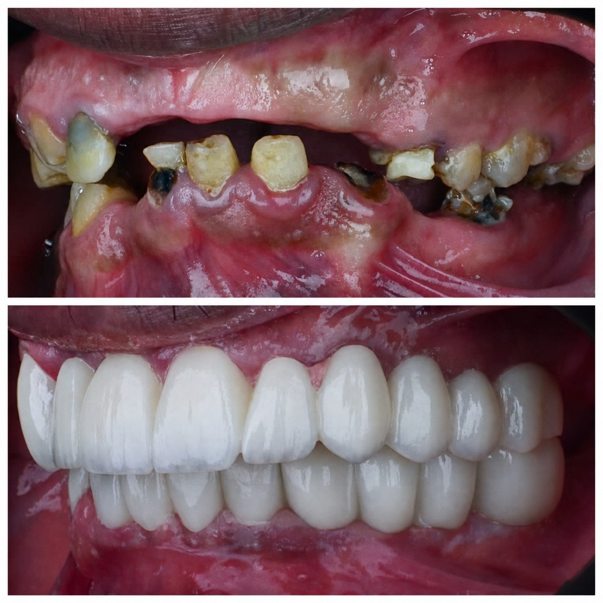 Resultados antes y después de implantes dentales All-on-4 en Omara Dental Centers, sonrisa restaurada