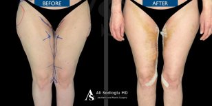 Before and after thigh lift results at Dr. Safa Manav Clinic, improved thigh contour visible