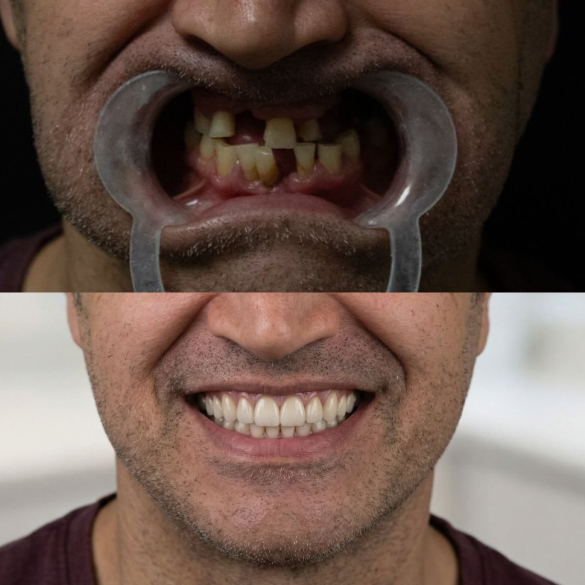 Resultado antes y después de implantes All-on-4 en Excelentis Dental Center, restauración de sonrisa