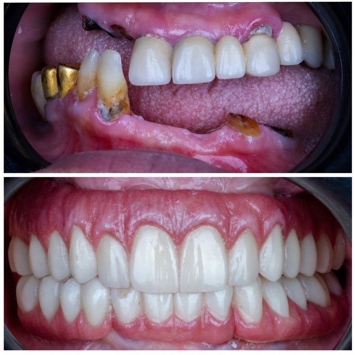 Antes y después de prótesis dental en Omara Dental Centers – restauración total de la sonrisa