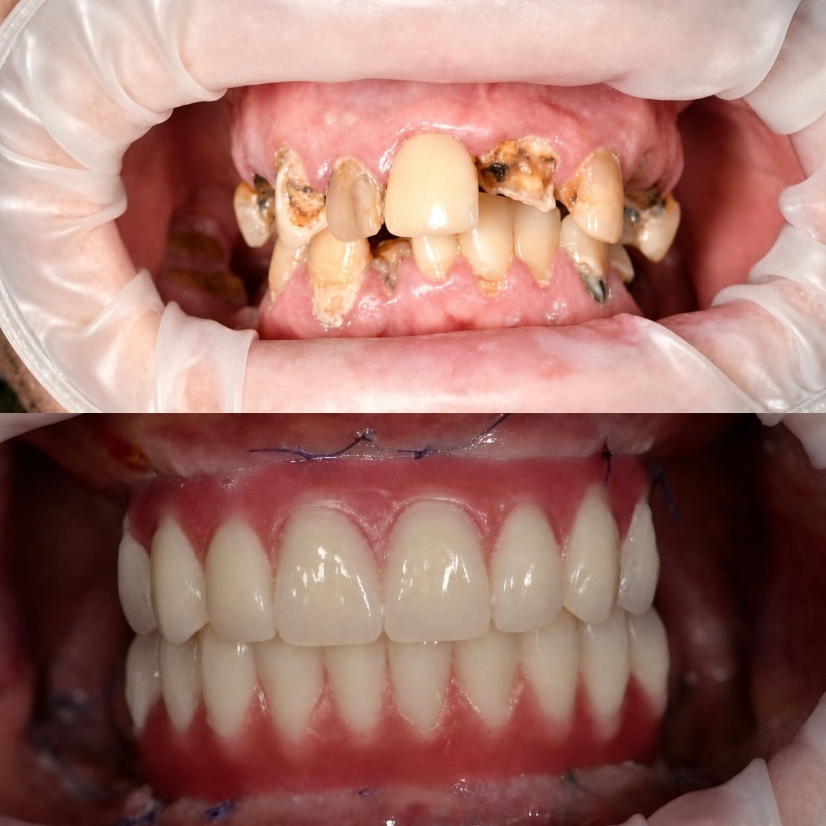 Resultados antes y después de prótesis dental en RIKOTA Dental Clinic – sonrisa restaurada
