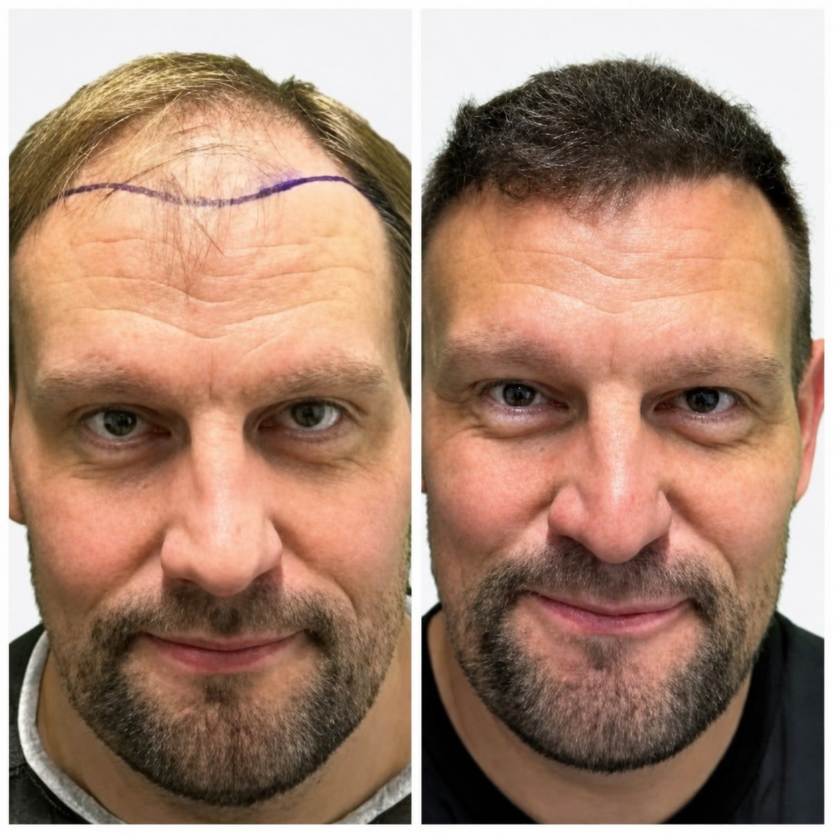 نتائج زراعة الشعر FUE قبل وبعد في Alpha Beauty Hannover، استعادة خط الشعر للرجال