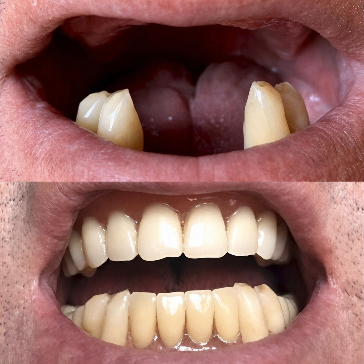 قبل وبعد تركيب تيجان الأسنان في عيادة VerMax Dental Clinic، ابتسامة مستعادة