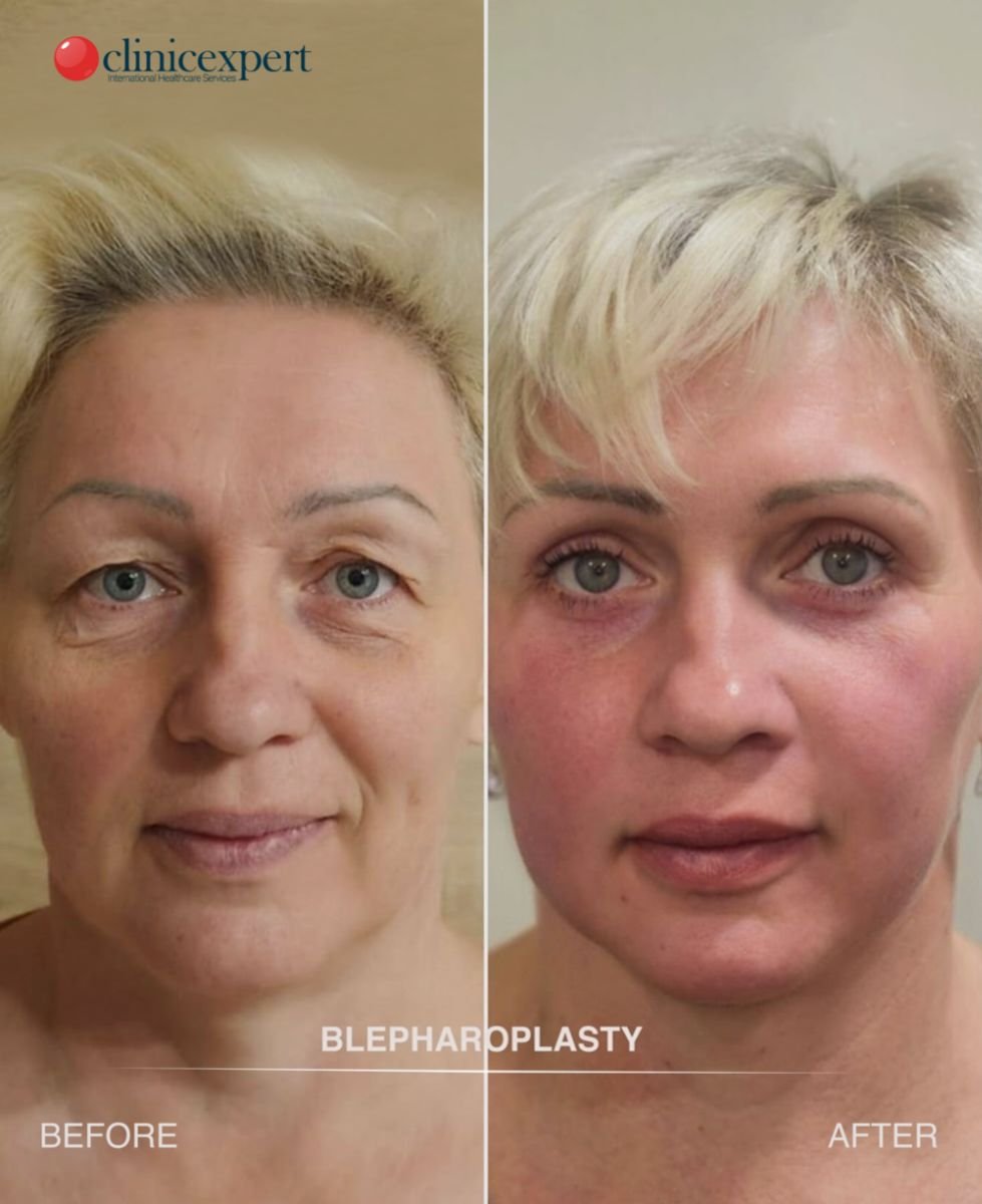 Resultados antes y después de cirugía de párpados caídos en CE International Hospital, blefaroplastia