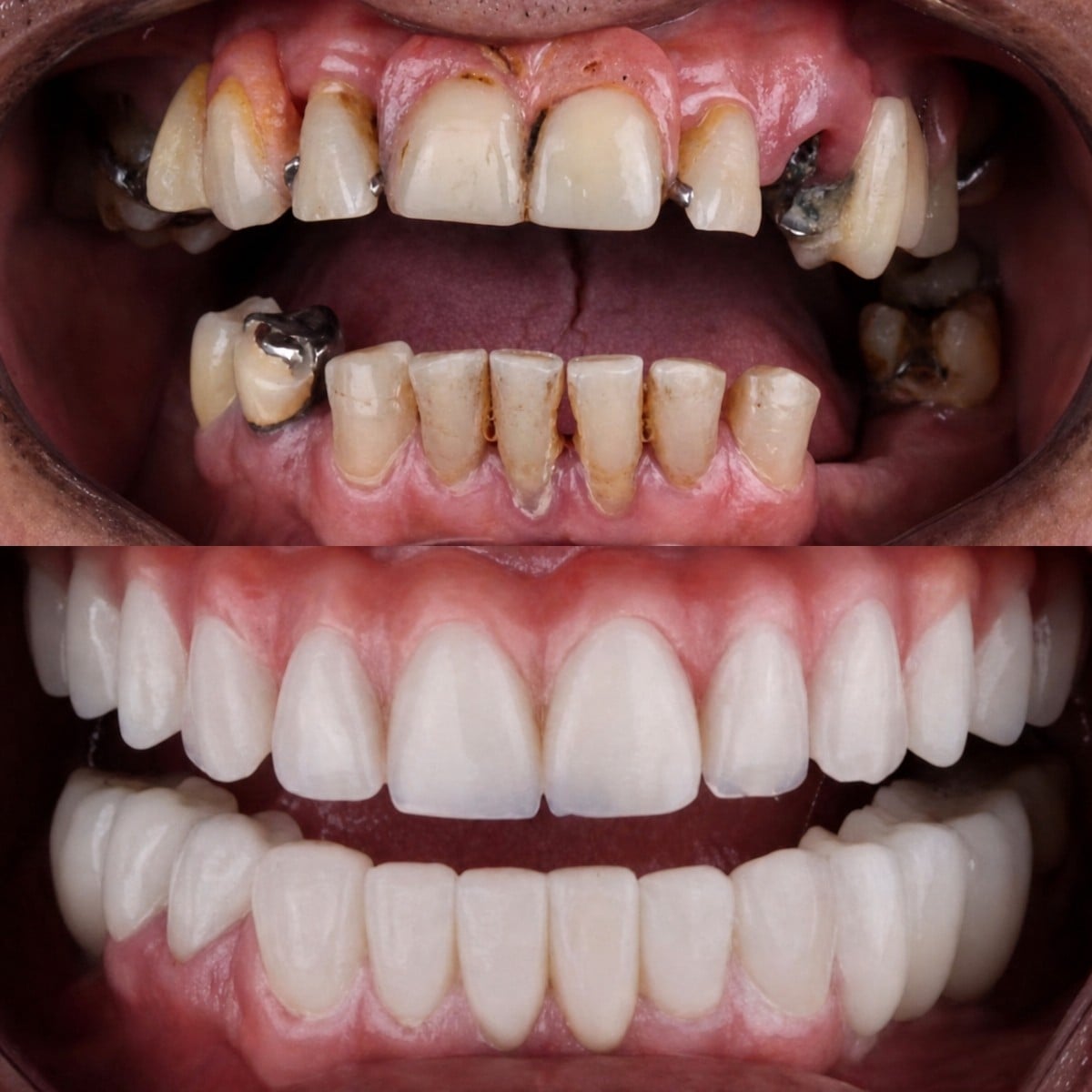 قبل وبعد تركيب تيجان الأسنان في Dental Med Austria & Elixence، نتيجة استعادة الابتسامة