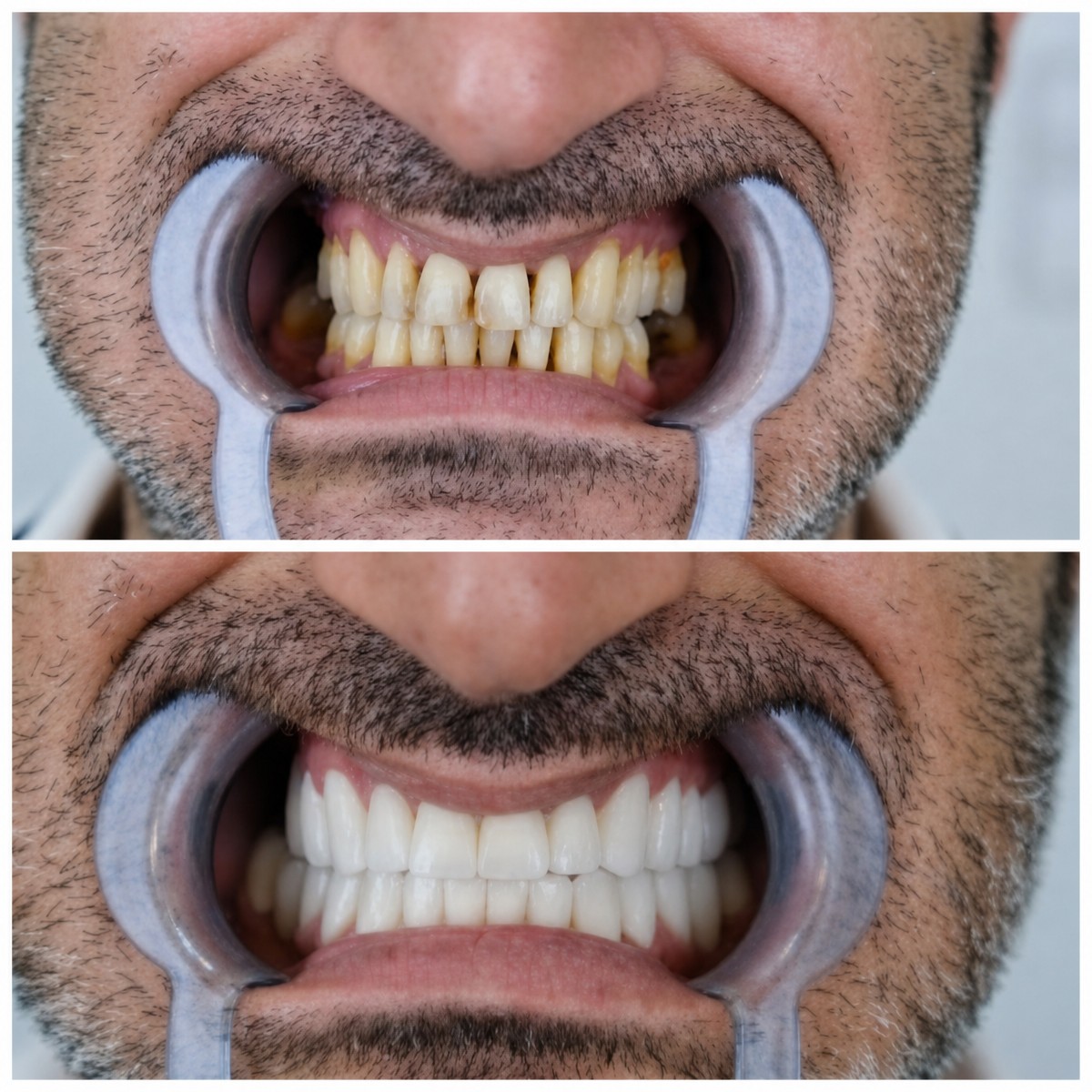 Resultados antes y después de reemplazo de coronas dentales en YEG Clinic – sonrisa mejorada