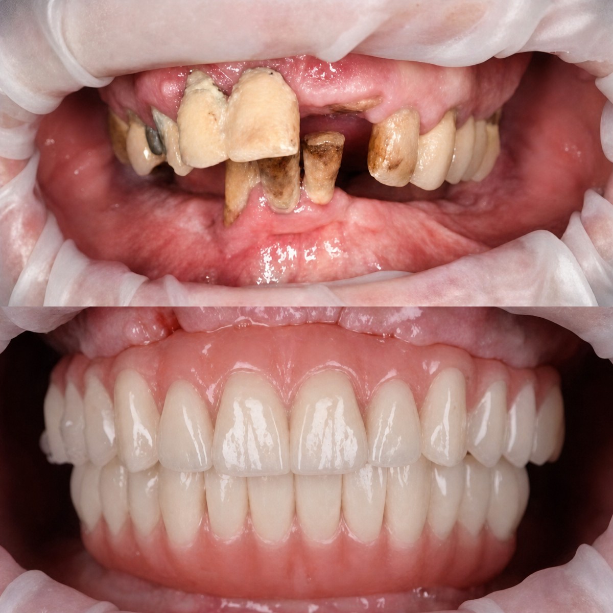Resultados antes y después de implantes All-on-4 en RIKOTA Dental Clinic, restauración total de sonrisa