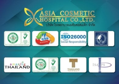 Asia Cosmetic Hospital certifications and awards, including ISO and Thailand Trusted Quality