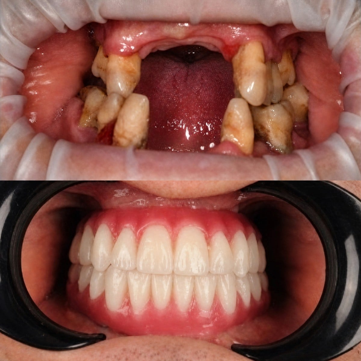 نتائج قبل وبعد تركيب أطقم الأسنان في RIKOTA Dental Clinic – استعادة الابتسامة بالكامل
