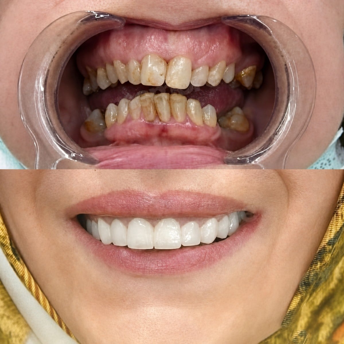 Antes y después de carillas dentales en Memorial Bahçelievler Hospital, resultados de sonrisa