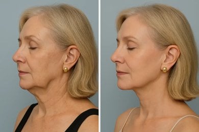 Before and after facelift results at Optimed International Hospital, visible neck and jawline lift