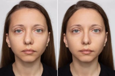 Before and after blepharoplasty results, upper eyelid correction with natural appearance