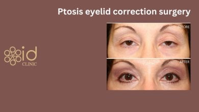 Before and after ptosis eyelid correction surgery results at ID Clinic Bangkok, improved eyelids