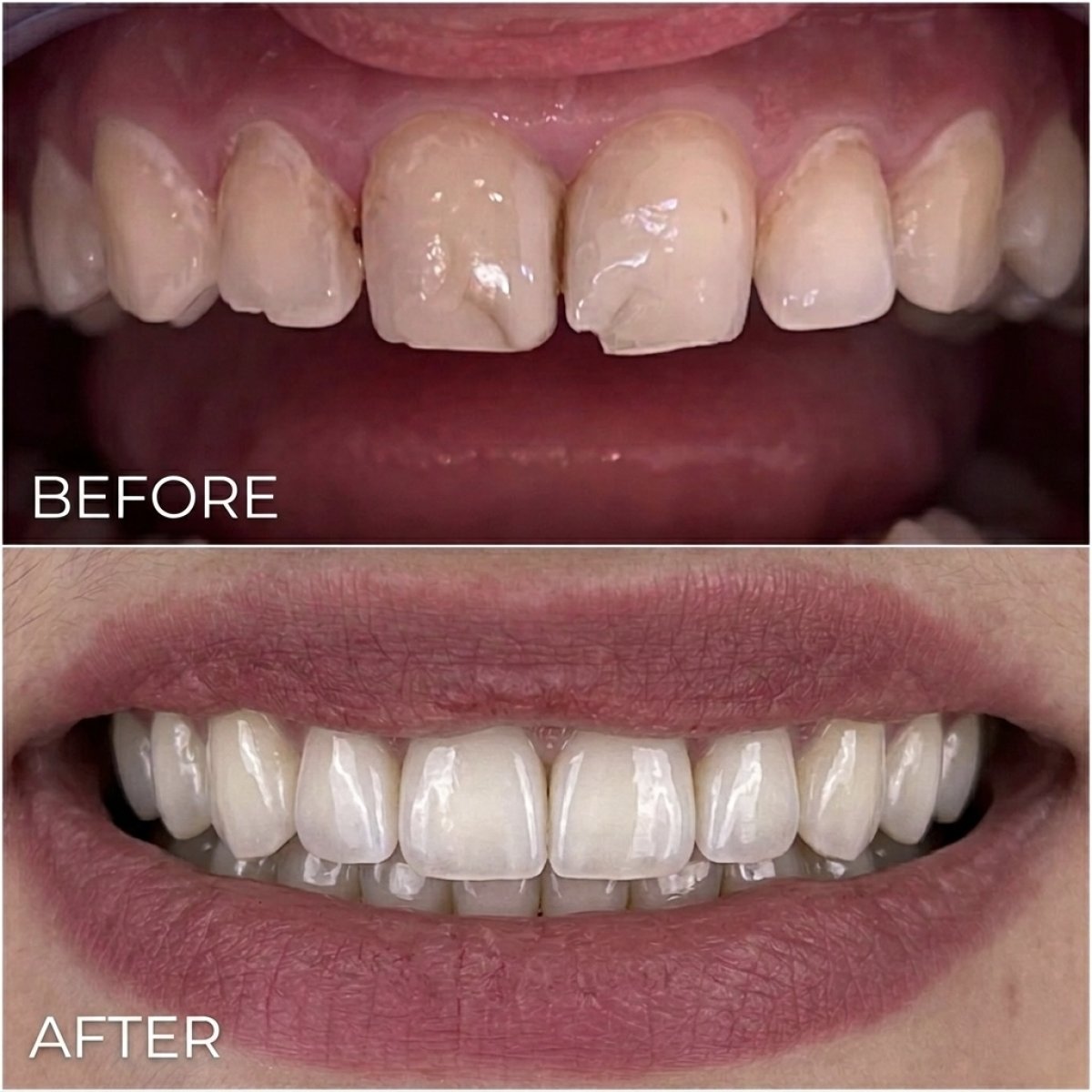 Resultados antes y después de coronas de zirconio en Spanderashvili Dental Clinic, sonrisa