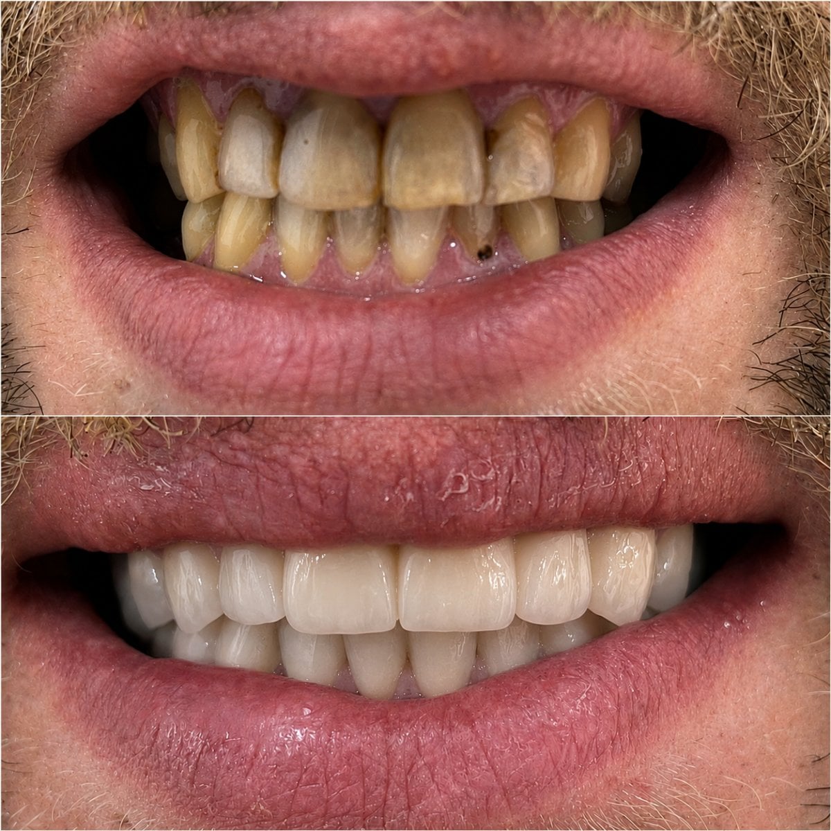 Resultados antes y después de coronas de zirconia en Spanderashvili Dental Clinic, cambio de sonrisa