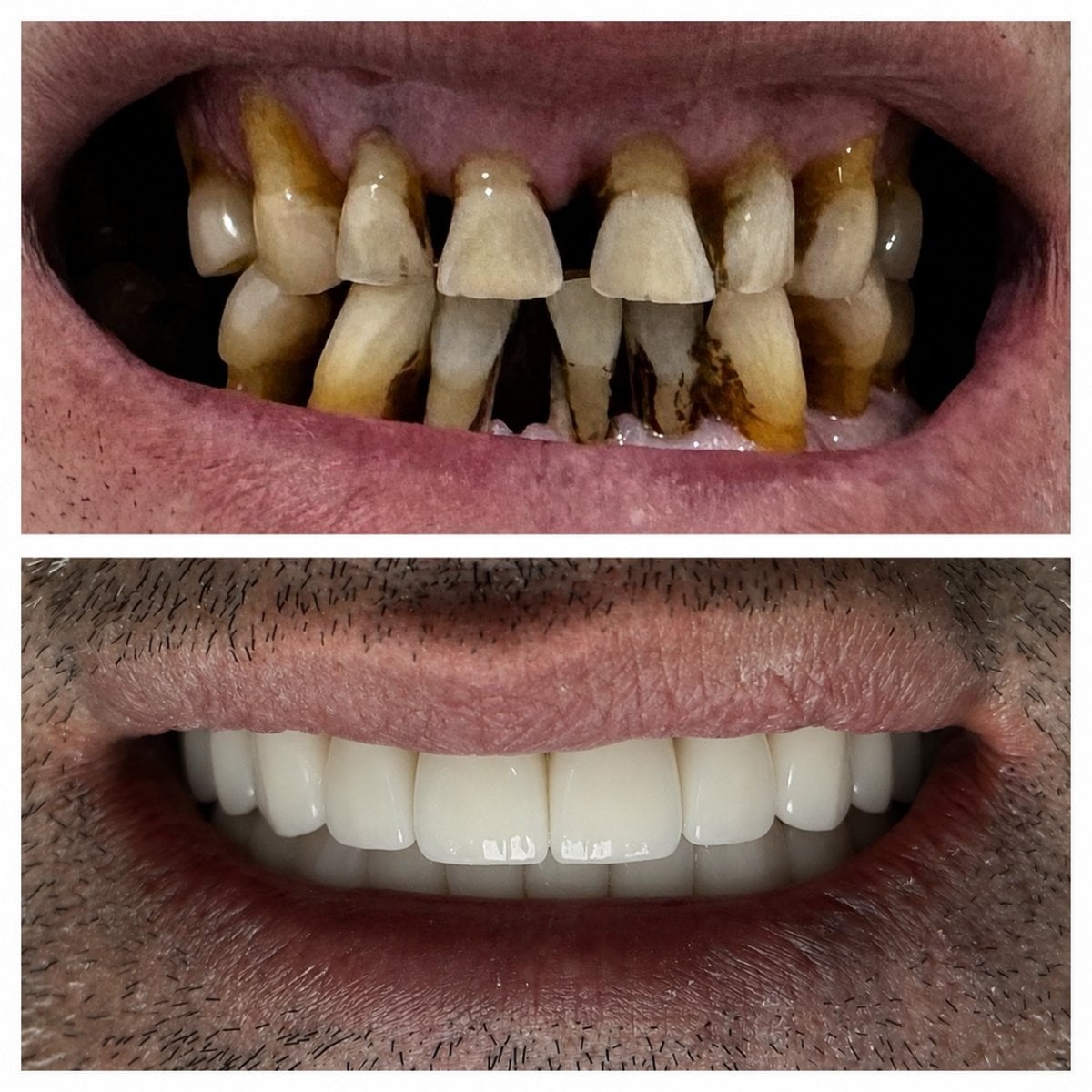 Resultado antes y después de implantes All-on-6 en Spanderashvili Dental Clinic, restauración de sonrisa