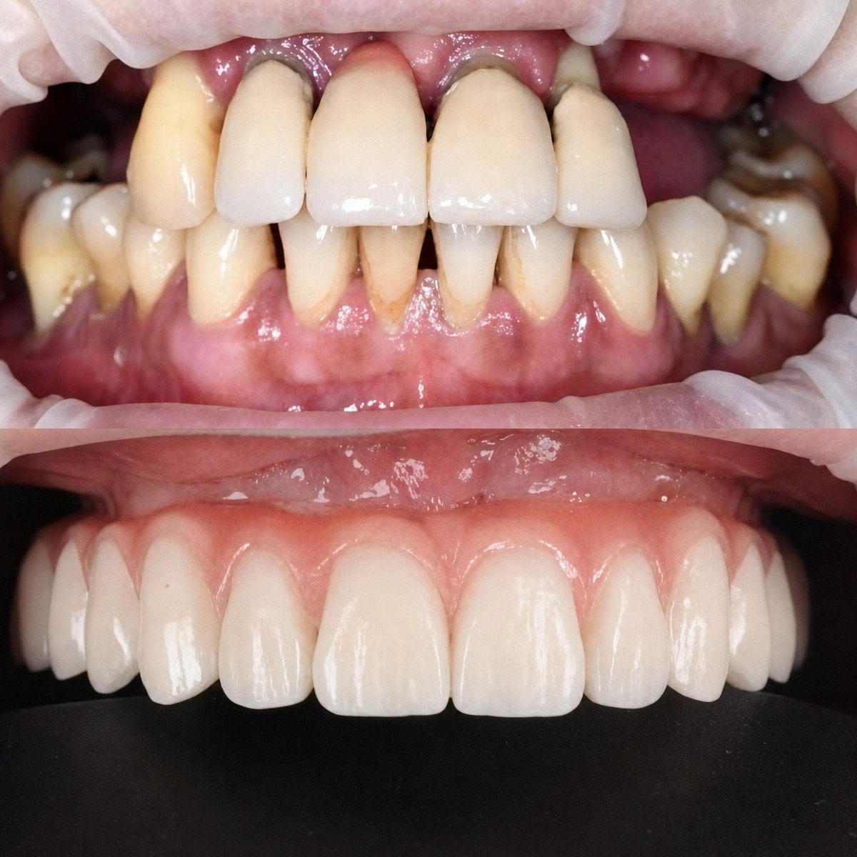Resultados antes y después de implantes All-on-6 en RIKOTA Dental Clinic, restauración de sonrisa